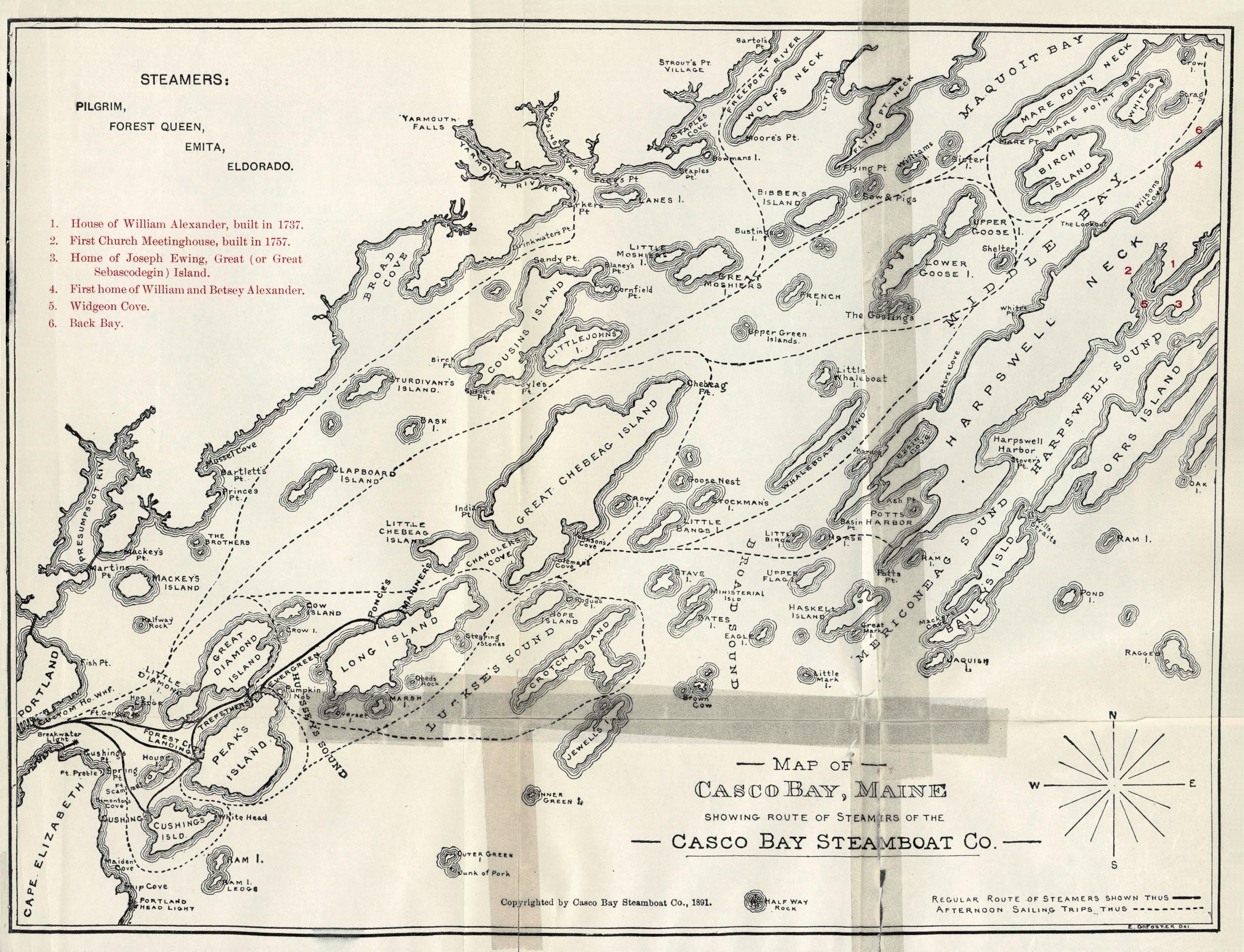 Map Of Casco Bay Maine Showing Route Of Steamers Of The Casco Bay